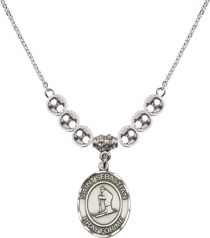 Sterling Silver Saint Sebastian/Skiing Birthstone Necklace with Sterling Silver Beads - 8169