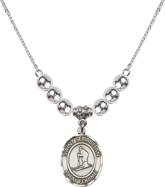 Sterling Silver Saint Sebastian/Skiing Birthstone Necklace with Sterling Silver Beads - 8169