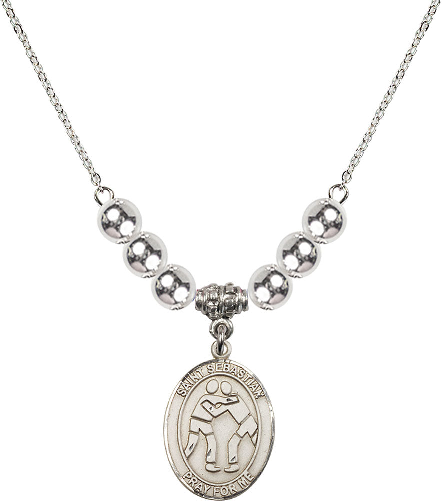 Sterling Silver Saint Sebastian/Wrestling Birthstone Necklace with Sterling Silver Beads - 8171
