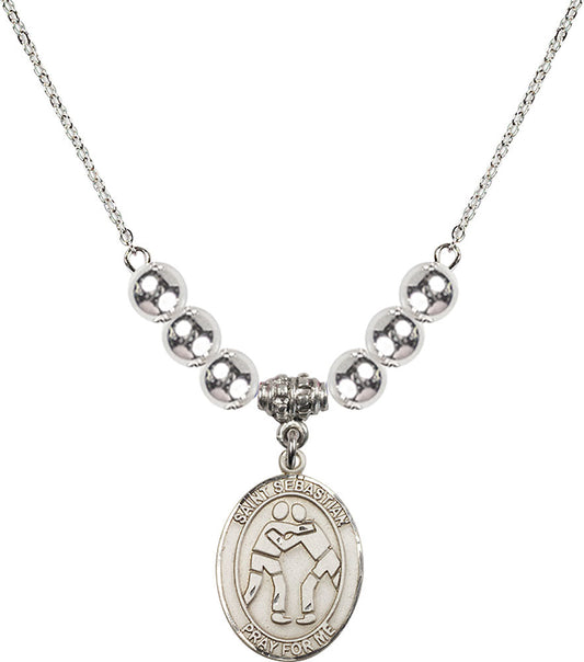 Sterling Silver Saint Sebastian/Wrestling Birthstone Necklace with Sterling Silver Beads - 8171