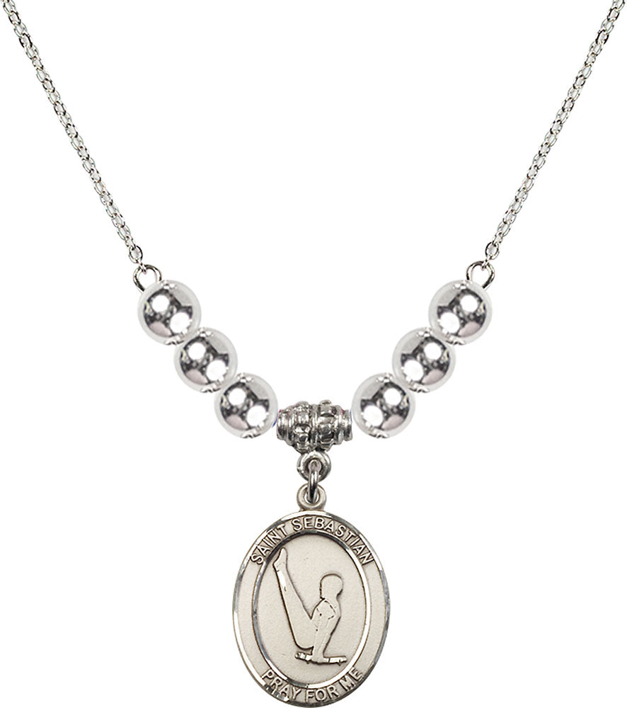 Sterling Silver Saint Sebastian/Gymnastics Birthstone Necklace with Sterling Silver Beads - 8172