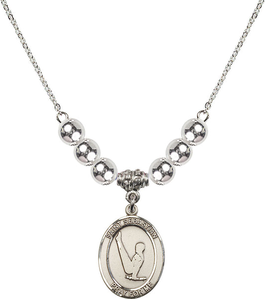 Sterling Silver Saint Sebastian/Gymnastics Birthstone Necklace with Sterling Silver Beads - 8172