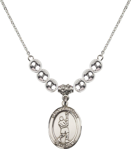 Sterling Silver Saint Sebastian/Lacrosse Birthstone Necklace with Sterling Silver Beads - 8174