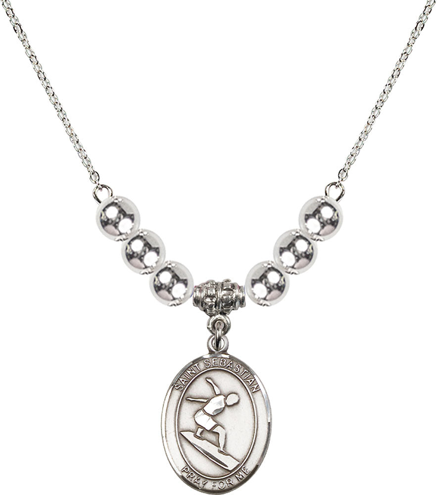 Sterling Silver Saint Sebastian/Surfing Birthstone Necklace with Sterling Silver Beads - 8175
