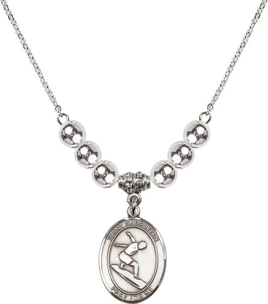 Sterling Silver Saint Sebastian/Surfing Birthstone Necklace with Sterling Silver Beads - 8175