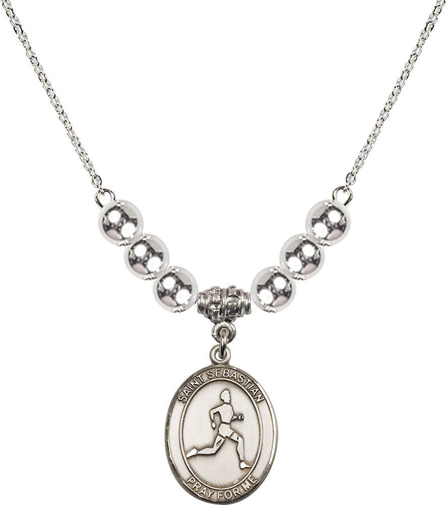 Sterling Silver Saint Sebastian/Track & Field Birthstone Necklace with Sterling Silver Beads - 8176