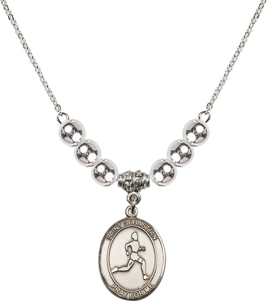 Sterling Silver Saint Sebastian/Track & Field Birthstone Necklace with Sterling Silver Beads - 8176