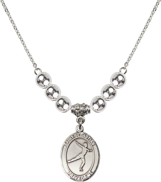 Sterling Silver Saint Sebastian/Figure Skating Birthstone Necklace with Sterling Silver Beads - 8177