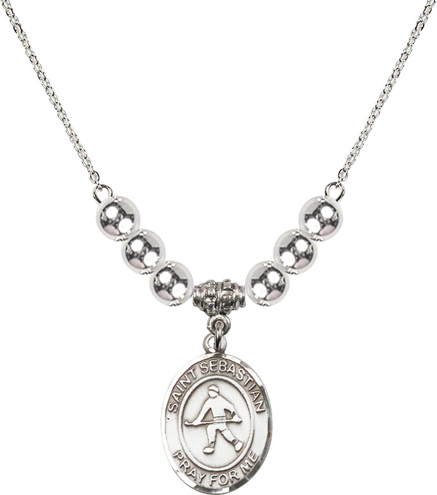 Sterling Silver Saint Sebastian/Field Hockey Birthstone Necklace with Sterling Silver Beads - 8178