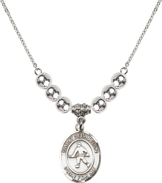 Sterling Silver Saint Sebastian/Field Hockey Birthstone Necklace with Sterling Silver Beads - 8178