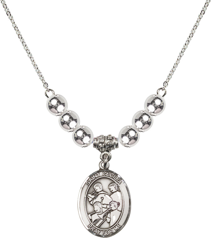 Sterling Silver Saint Cecilia / Marching Band Birthstone Necklace with Sterling Silver Beads - 8179