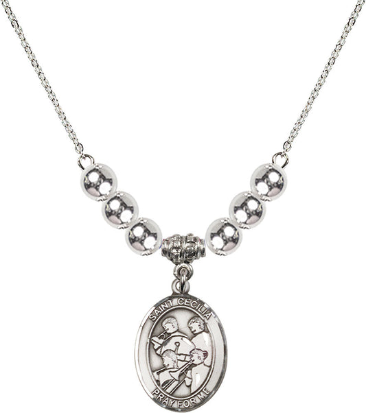 Sterling Silver Saint Cecilia / Marching Band Birthstone Necklace with Sterling Silver Beads - 8179