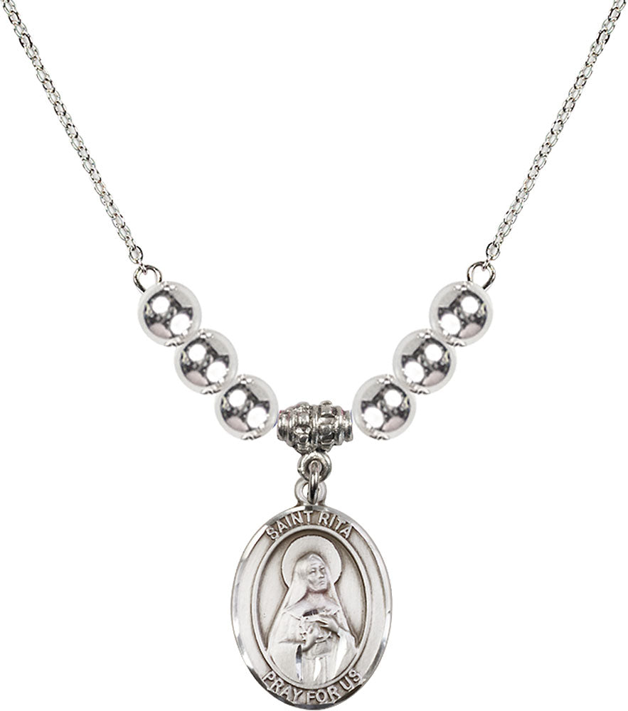Sterling Silver Saint Rita / Baseball Birthstone Necklace with Sterling Silver Beads - 8181