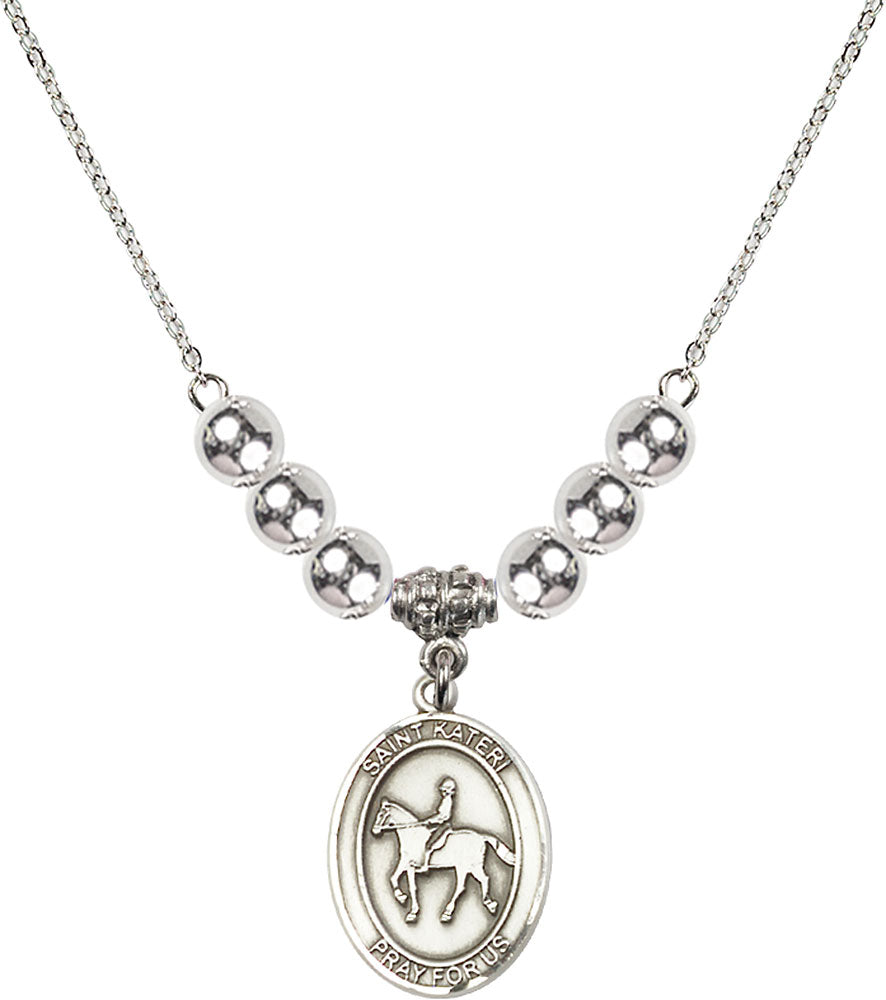 Sterling Silver Saint Kateri/Equestrian Birthstone Necklace with Sterling Silver Beads - 8182