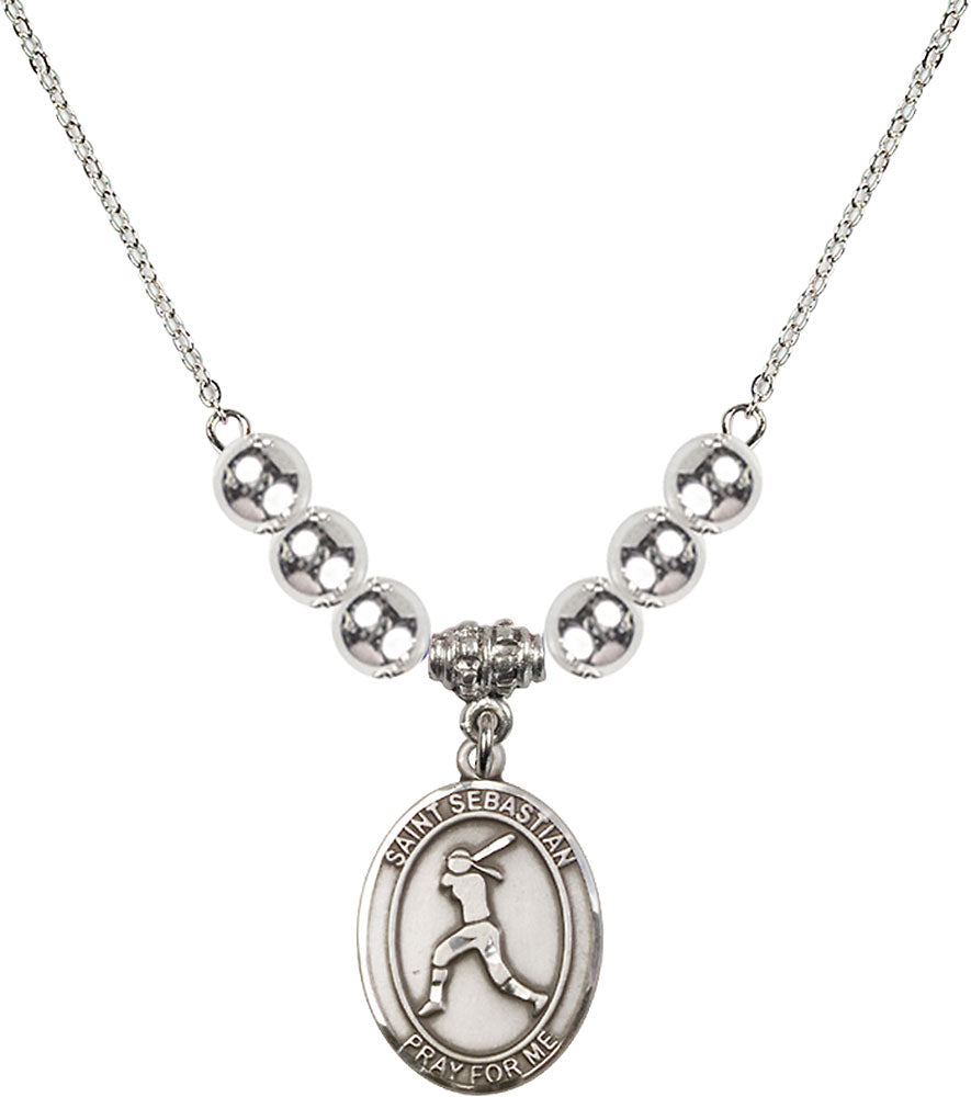 Sterling Silver Saint Sebastian / Softball Birthstone Necklace with Sterling Silver Beads - 8183