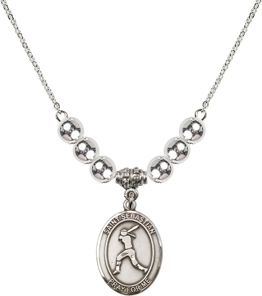 Sterling Silver Saint Sebastian / Softball Birthstone Necklace with Sterling Silver Beads - 8183
