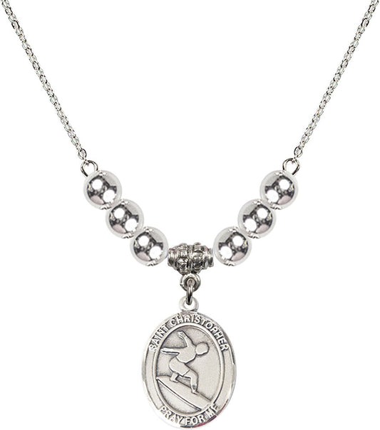 Sterling Silver Saint Christopher/Surfing Birthstone Necklace with Sterling Silver Beads - 8184