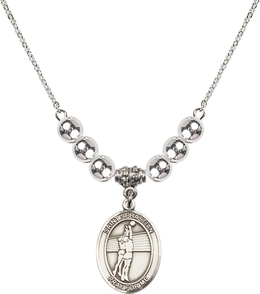 Sterling Silver Saint Sebastian / Volleyball Birthstone Necklace with Sterling Silver Beads - 8186