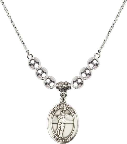 Sterling Silver Saint Sebastian / Volleyball Birthstone Necklace with Sterling Silver Beads - 8186