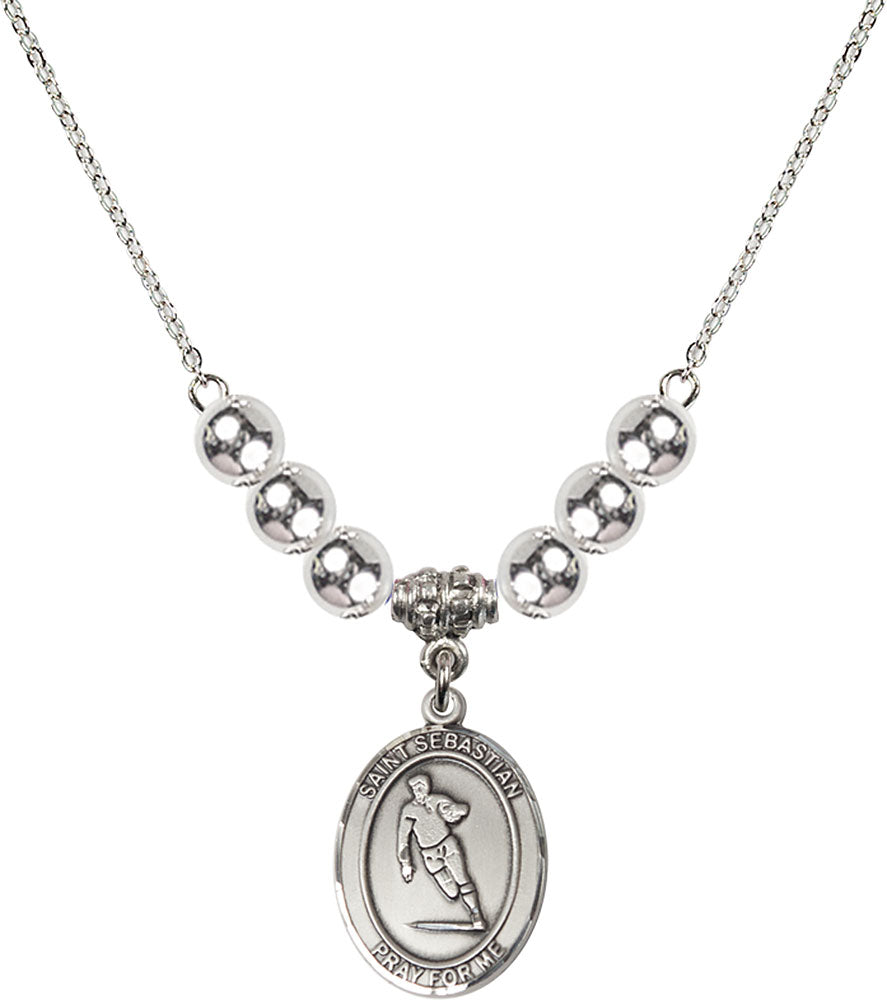Sterling Silver Saint Sebastian / Rugby Birthstone Necklace with Sterling Silver Beads - 8187