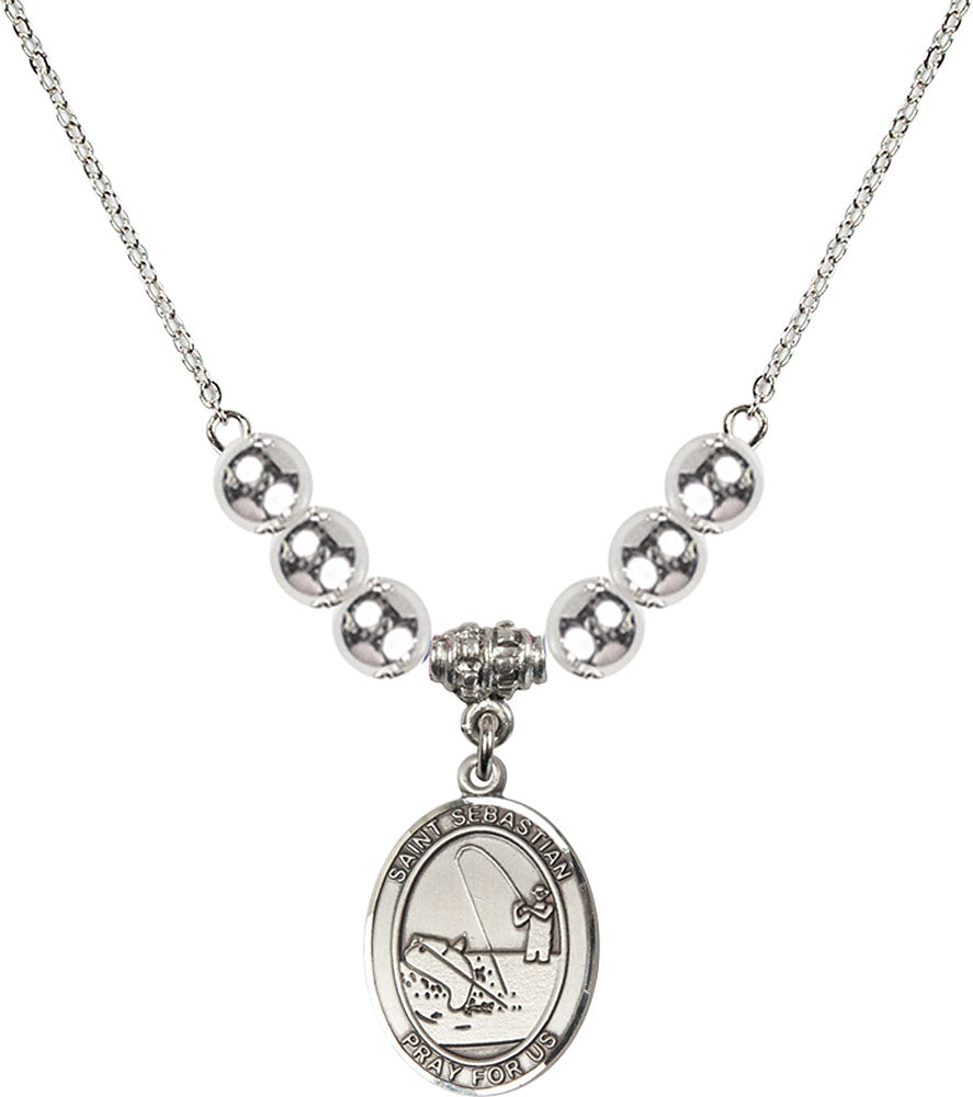 Sterling Silver Saint Sebastian / Fishing Birthstone Necklace with Sterling Silver Beads - 8188
