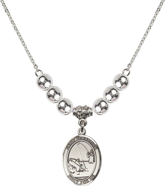 Sterling Silver Saint Sebastian / Fishing Birthstone Necklace with Sterling Silver Beads - 8188