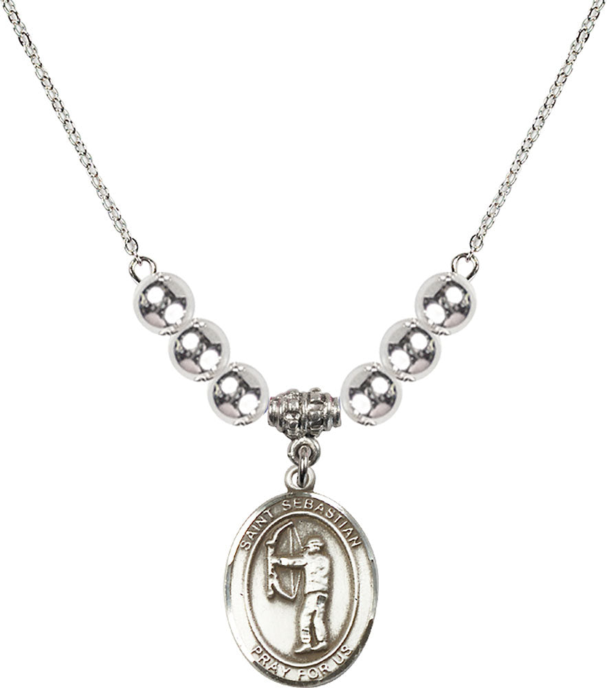 Sterling Silver Saint Sebastian / Archery Birthstone Necklace with Sterling Silver Beads - 8189