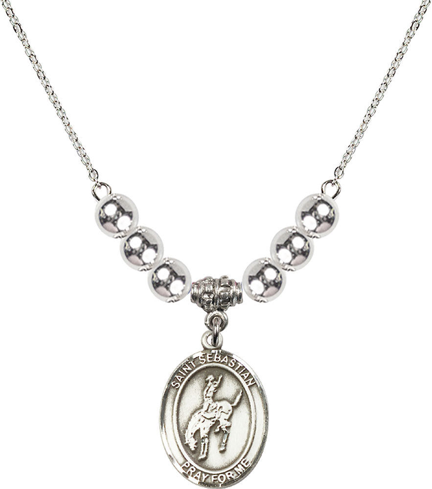 Sterling Silver Saint Sebastian / Rodeo Birthstone Necklace with Sterling Silver Beads - 8191