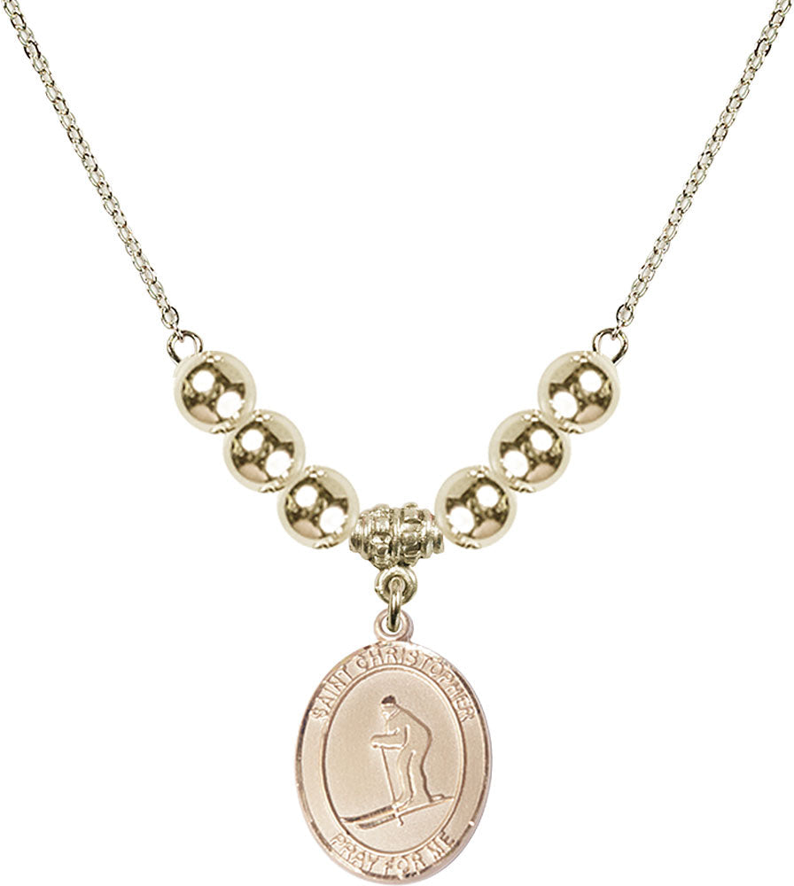 14kt Gold Filled Saint Christopher / Skiing Birthstone Necklace with Gold Filled Beads - 8193