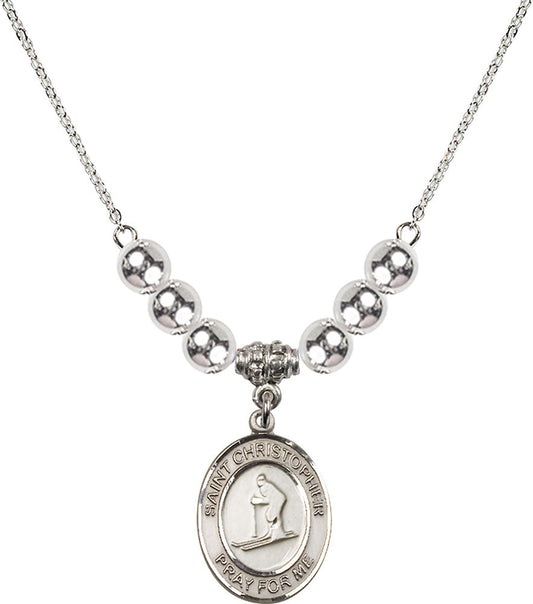 Sterling Silver Saint Christopher / Skiing Birthstone Necklace with Sterling Silver Beads - 8193