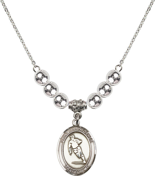 Sterling Silver Saint Christopher / Rugby Birthstone Necklace with Sterling Silver Beads - 8194