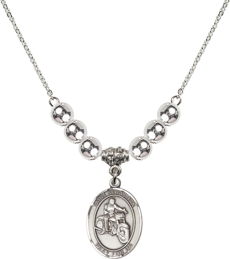 Sterling Silver Saint Sebastian / Motorcycle Birthstone Necklace with Sterling Silver Beads - 8197