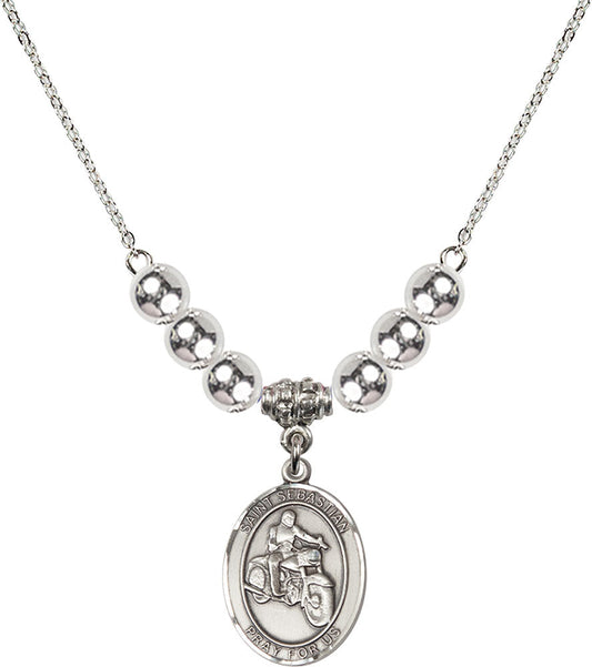 Sterling Silver Saint Sebastian / Motorcycle Birthstone Necklace with Sterling Silver Beads - 8197