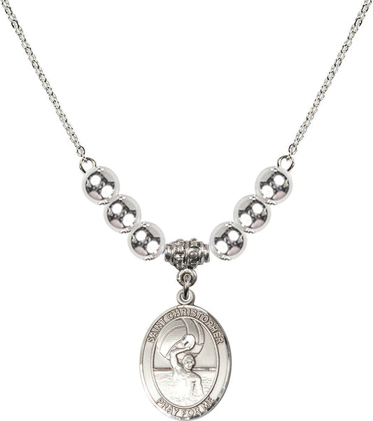 Sterling Silver Saint Christopher/Water Polo-Men Birthstone Necklace with Sterling Silver Beads - 8198