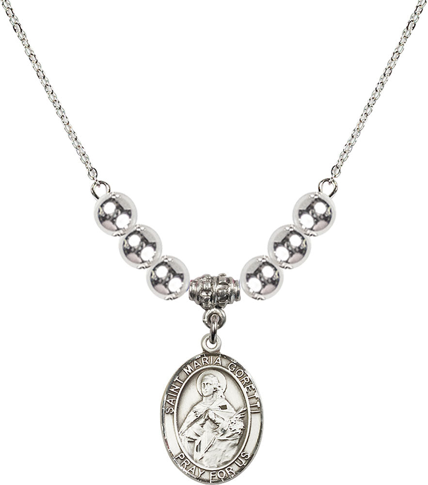 Sterling Silver Saint Maria Goretti Birthstone Necklace with Sterling Silver Beads - 8208