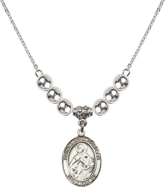 Sterling Silver Saint Maria Goretti Birthstone Necklace with Sterling Silver Beads - 8208