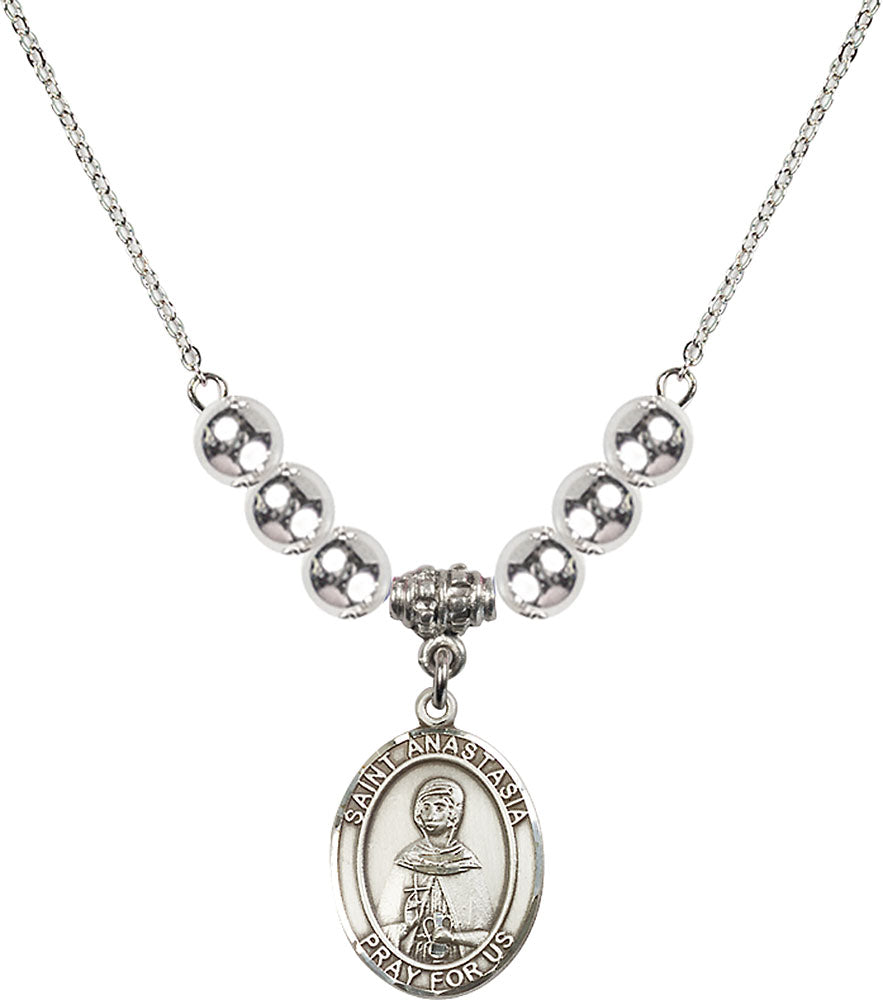 Sterling Silver Saint Anastasia Birthstone Necklace with Sterling Silver Beads - 8213