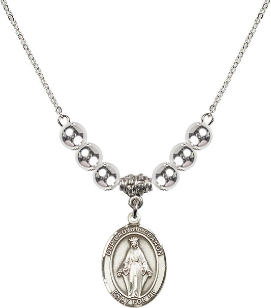 Sterling Silver Our Lady of Lebanon Birthstone Necklace with Sterling Silver Beads - 8229