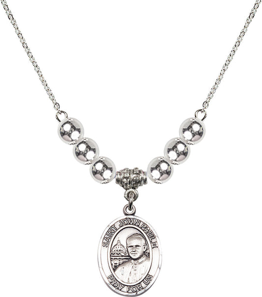 Sterling Silver Saint John Paul II Birthstone Necklace with Sterling Silver Beads - 8234