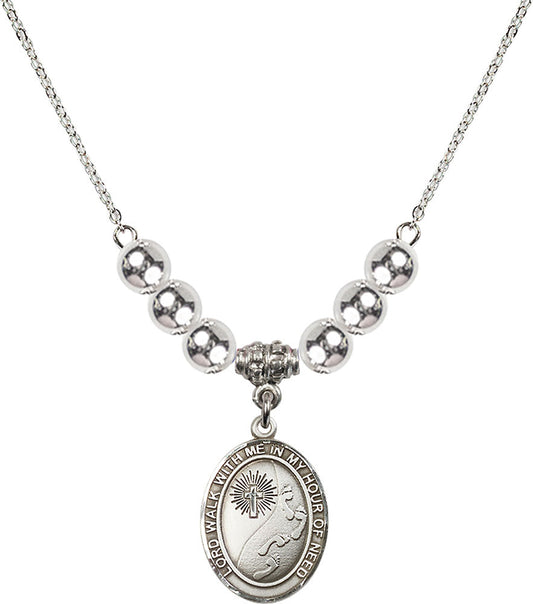 Sterling Silver Footprints / Cross Birthstone Necklace with Sterling Silver Beads - 8237
