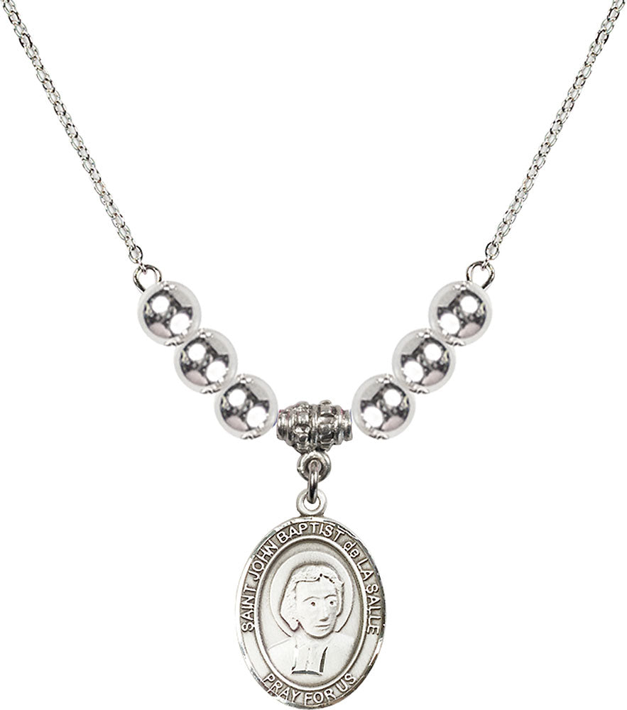 Sterling Silver Saint John Baptist de la Salle Birthstone Necklace with Sterling Silver Beads - 8262