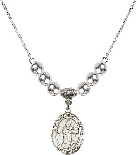 Sterling Silver Saint Isidore the Farmer Birthstone Necklace with Sterling Silver Beads - 8276