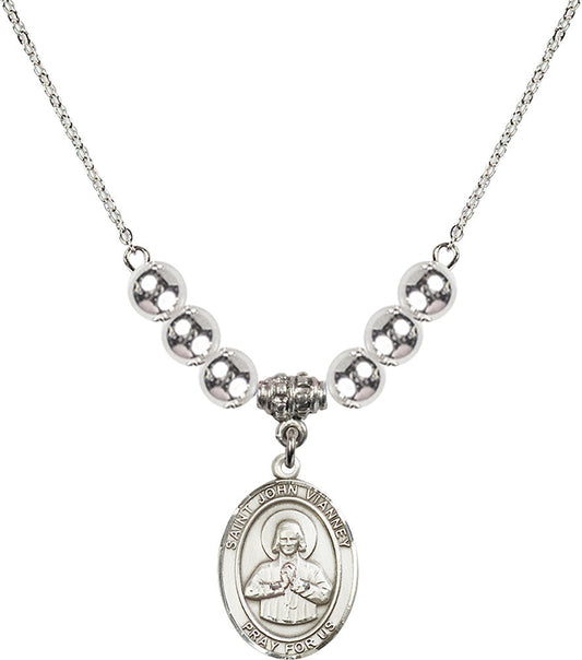 Sterling Silver Saint John Vianney Birthstone Necklace with Sterling Silver Beads - 8282