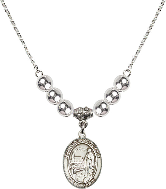 Sterling Silver Our Lady of Lourdes Birthstone Necklace with Sterling Silver Beads - 8288