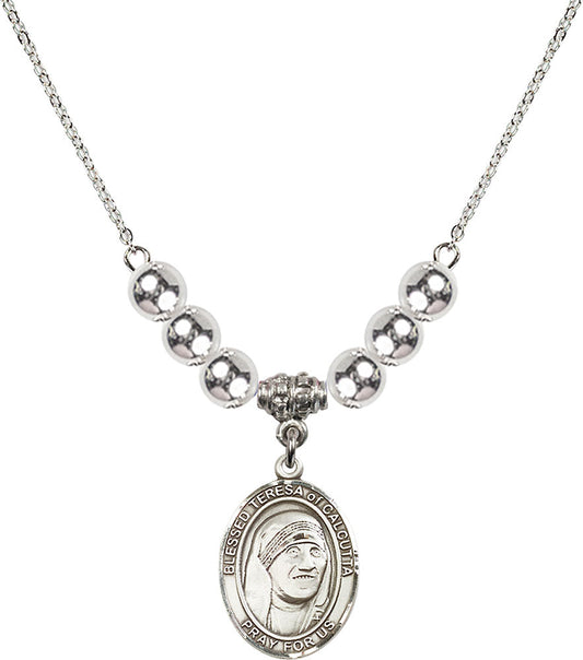 Sterling Silver Saint Teresa of Calcutta Birthstone Necklace with Sterling Silver Beads - 8295