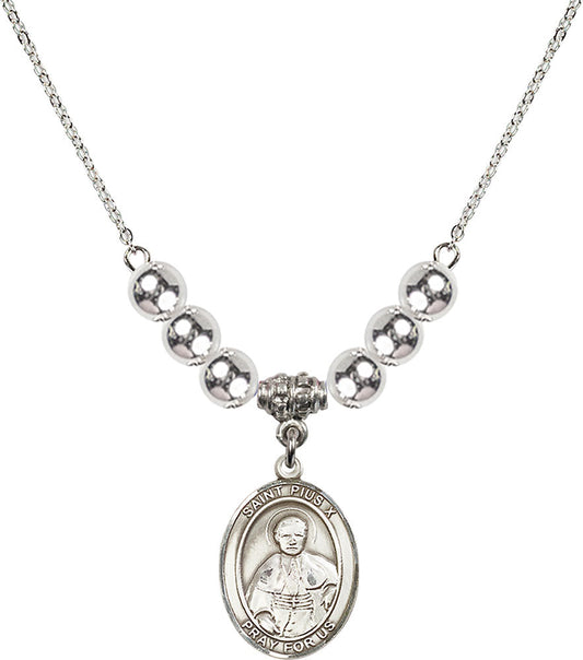 Sterling Silver Saint Pius X Birthstone Necklace with Sterling Silver Beads - 8305