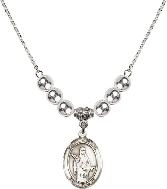 Sterling Silver Saint Amelia Birthstone Necklace with Sterling Silver Beads - 8313