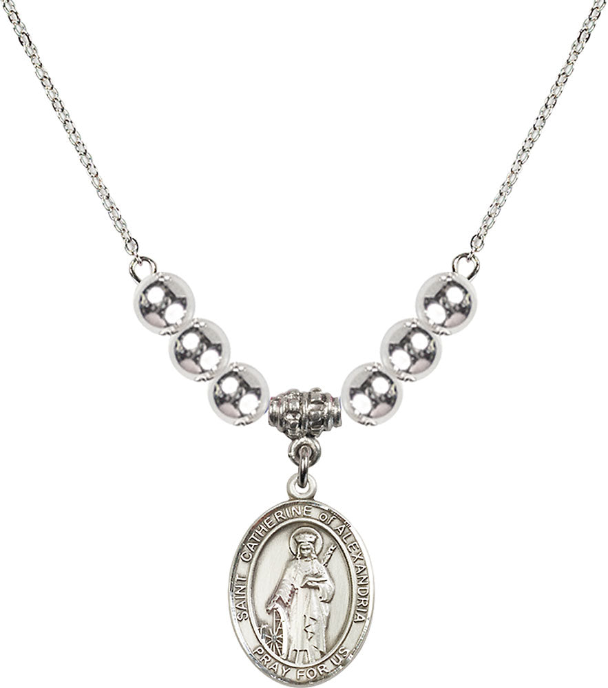 Sterling Silver Saint Catherine of Alexandria Birthstone Necklace with Sterling Silver Beads - 8343