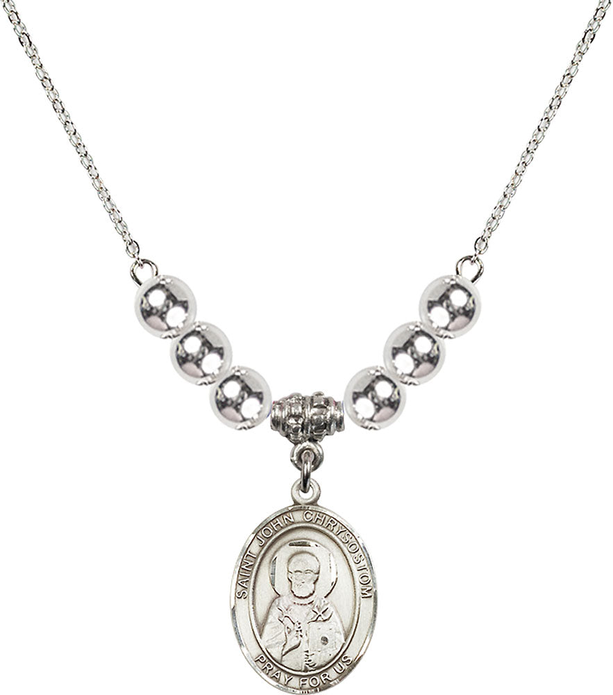 Sterling Silver Saint John Chrysostom Birthstone Necklace with Sterling Silver Beads - 8357