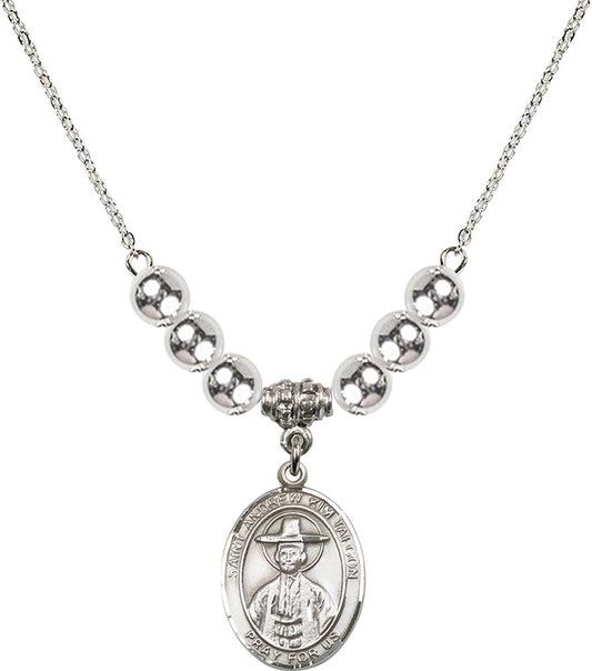 Sterling Silver Saint Andrew Kim Taegon Birthstone Necklace with Sterling Silver Beads - 8373